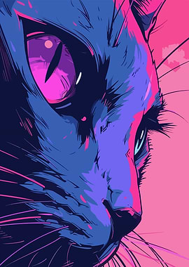 Abstract Cat Portrait in Blue and Pink