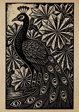 Peacock Linocut Print Paper Art