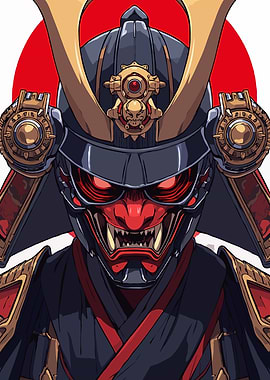 Samurai Warrior with Oni Mask Illustration