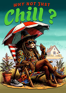 Chill Cat on Beach 'WHY NOT JUST Chill?'