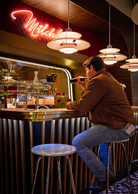 Man drinking at retro diner bar