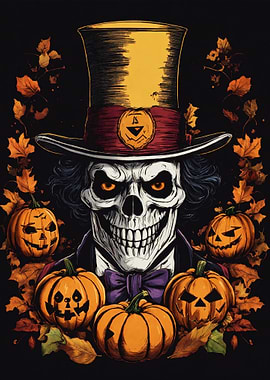 Halloween Skeleton with Pumpkins and Leaves
