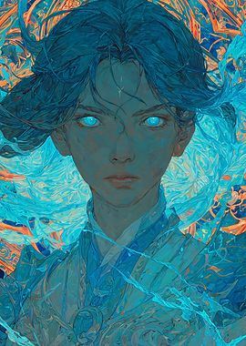 Blue-toned portrait with glowing eyes