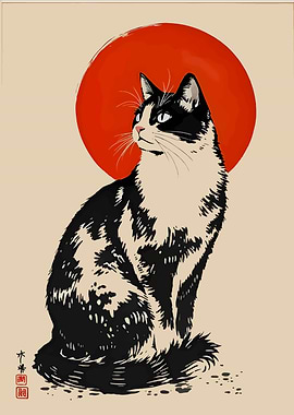 Black and White Cat with Red Sun