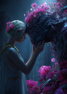 Woman and Floral Creature Embrace