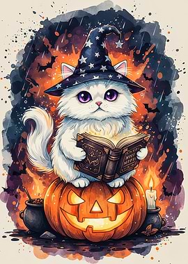 Halloween Cat Wizard on Pumpkin