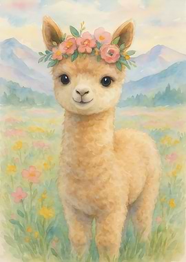 Watercolor Alpaca with Flower Crown