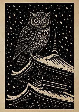 Owl on Pagoda in Snowy Night