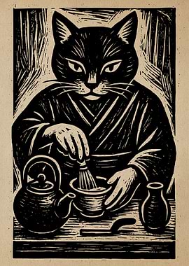 Cat Tea Ceremony Woodcut Print