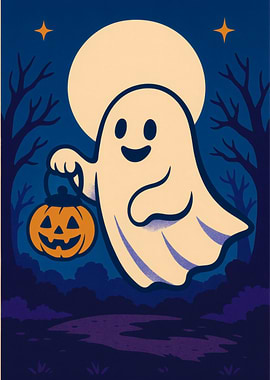 Cute Ghost with Pumpkin Lantern