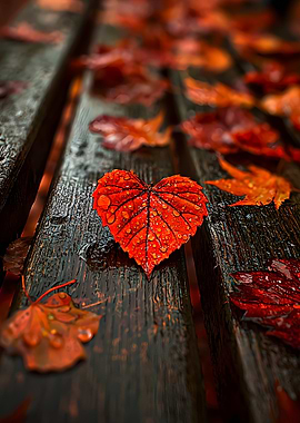 Heart-shaped leaf on wooden bench