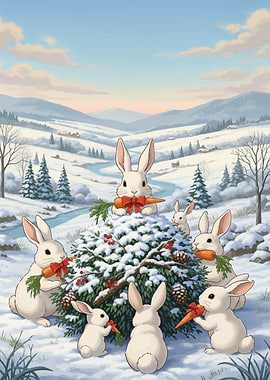 Winter Rabbits with Carrots and Bows