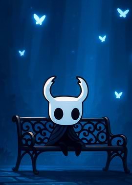 Hollow Knight on a bench