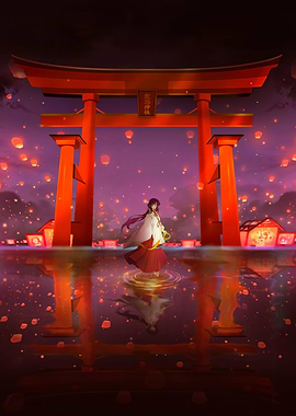 Anime Girl at Torii Gate with Lanterns