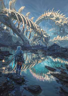 Fantasy Warrior and Dragon Skeleton Landscape