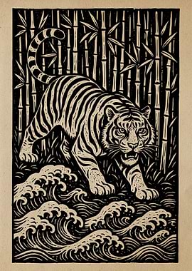 Tiger in Bamboo Forest Woodcut Print