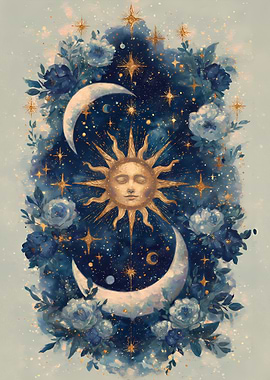 Celestial Sun, Moon, and Floral Art