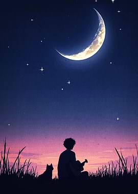 Boy, Dog, Guitar, and Crescent Moon