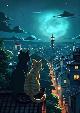 Cats Gazing at Cityscape Under Moonlight