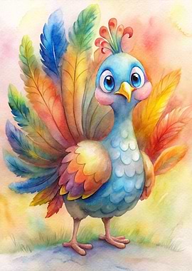 Cute Colorful Bird Watercolor Illustration