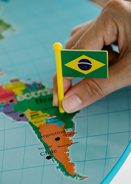 Brazil flag on South America map