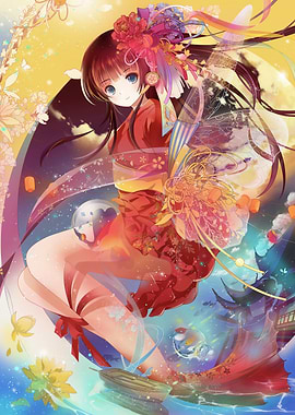 Anime Girl in Kimono with Floral Headdress
