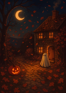 Halloween Night with Ghost and Pumpkin
