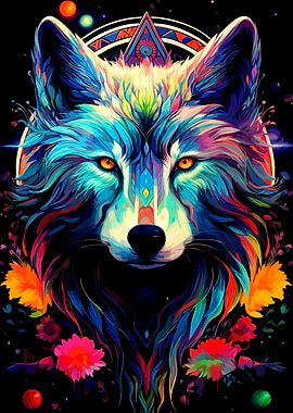 Colorful Wolf Portrait with Floral Accents