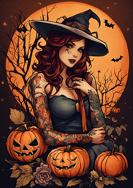 Tattooed Witch with Pumpkins and Full Moon