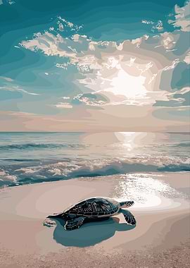 Sea Turtle on Beach at Sunset