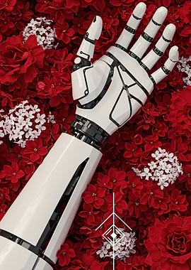 Robotic Arm Amidst Floral Bloom
