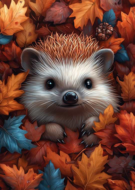 Cute Hedgehog in Autumn Leaves