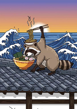Raccoon with Ramen on Rooftop