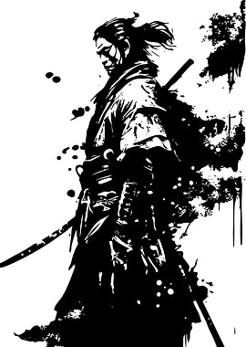 Samurai Warrior Black and White Illustration