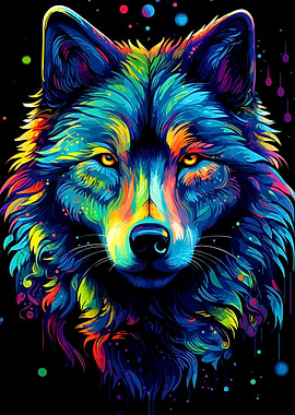 Colorful Wolf Portrait on Black Background