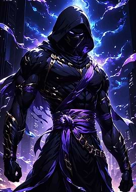 Hooded Ninja Warrior in Cityscape