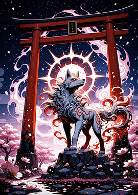 Okami Amaterasu under Torii Gate Cherry Blossom Sakura Japan