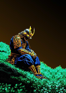 Pensive Samurai in Blue and Gold