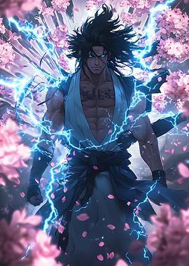 Shuriken Surrounded by pink cherry blossoms and blue