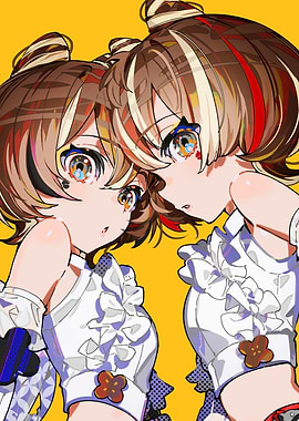 Anime-Style Twin Girls on Yellow Background