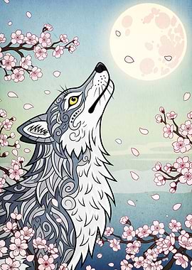Wolf Howling Moon Cherry Blossoms