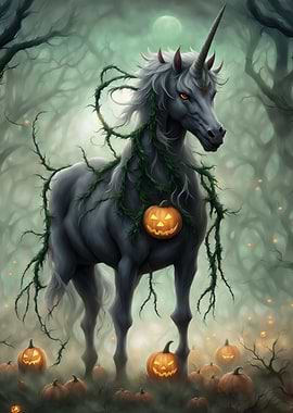 Halloween Unicorn in Spooky Forest