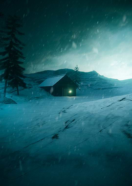 Snowy Cabin in Winter Landscape