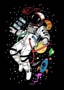 Cartoon Astronaut in Space with Planets