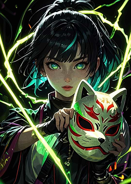 Anime Girl with Kitsune Mask