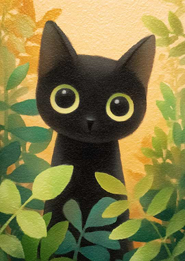 Cute Black Cat in Greenery