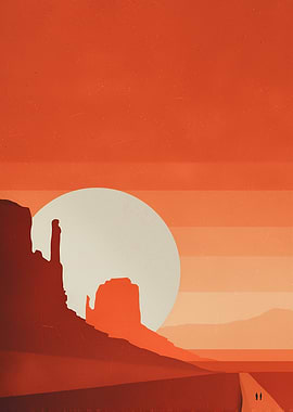 Desert Sunset Journey – Minimal Retro Landscape Art
