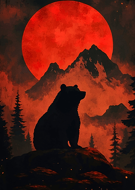 Bear Silhouette Under Red Moon