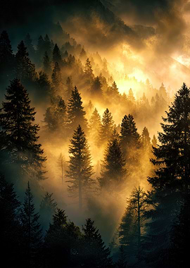 Misty Forest with Golden Light