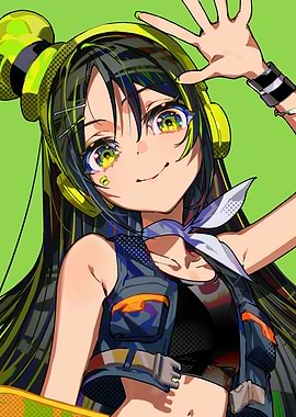 Anime Girl with Headphones and Skateboard